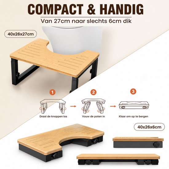 Instructies voor het opvouwen van de houten toiletkruk van 40x26x27cm naar 6cm dik. Met afbeeldingen van de stappen en het opgevouwen product.