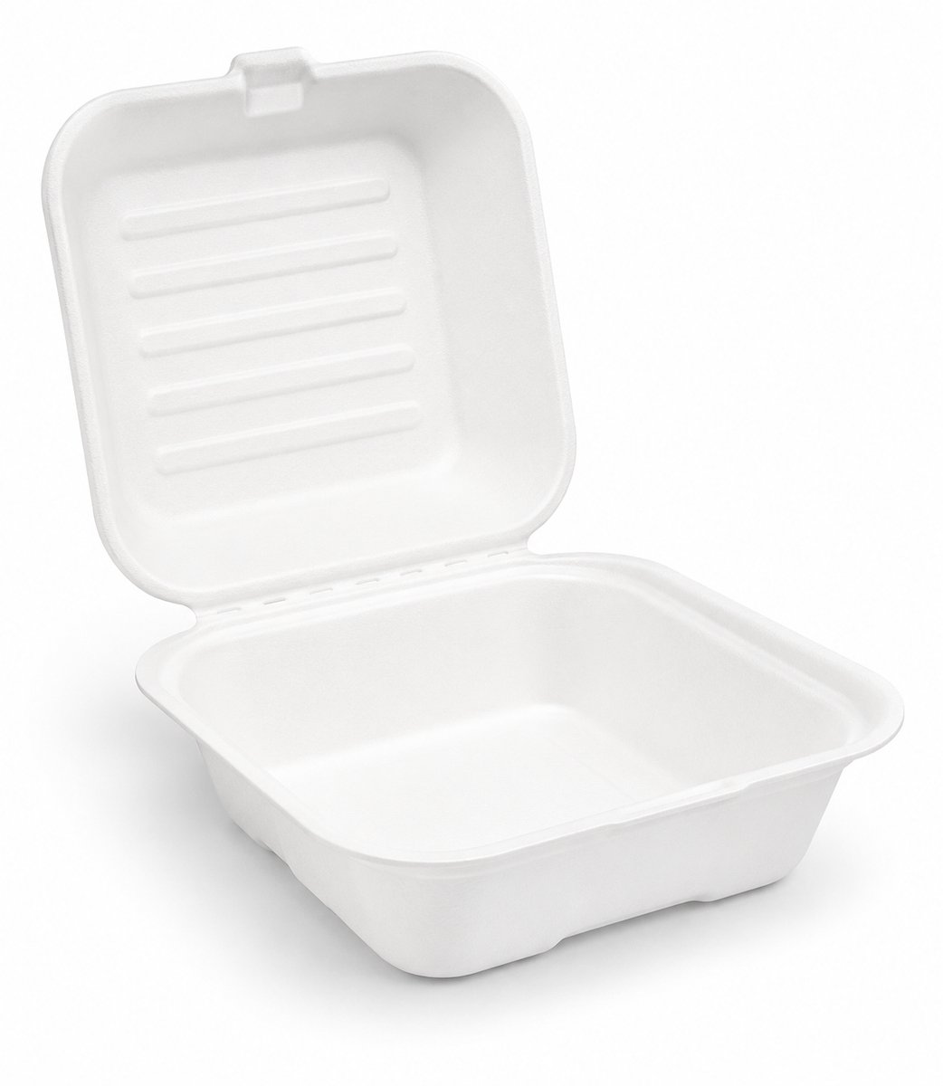 Pomebio hamburgerbak - 14x14cm - wit - 25 stuks - suikerrietpulp - duurzaam