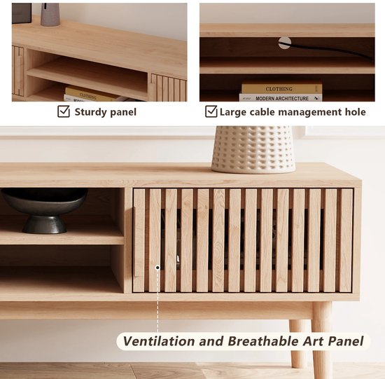 Houten tv-meubel met lamellen deuren, open vakken en een "Ventilation and Breathable Art Panel".