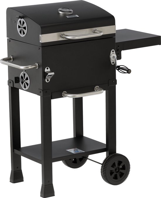 Charcoal Grill Deluxe Houtskoolbarbecue met Deksel - 39,5 x 29,5 cm - Verstelbaar Grillrooster - Ingebouwde Thermometer, Warmhoudrek & Wielen - Zwart — afbeelding 3