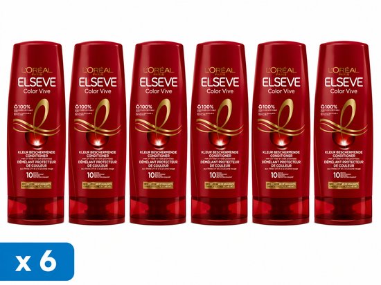 Six bouteilles de L'Oréal Paris Elseve Color Vive conditioner rouge avec des accents dorés. Le devant porte le texte 'Démêlant Soin Protection Couleur'.
