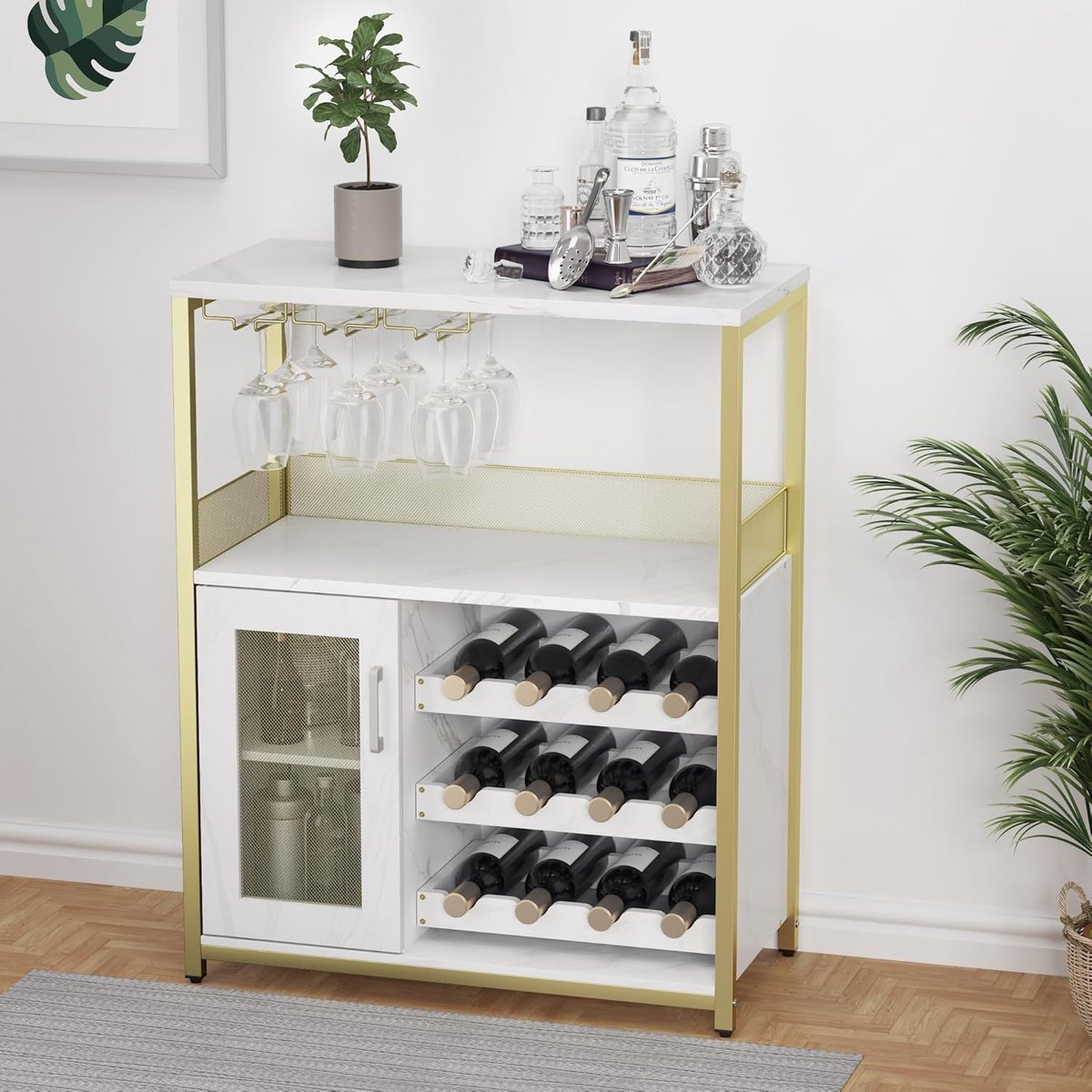Gouden wijnkast met- 3 lagen– Afneembaar wijnrek, glazenhouder, gaasdeur, lade–Klein modern buffetkastje voor eetkamer, keuken of thuisbar – Ruime opbergruimte–Goud