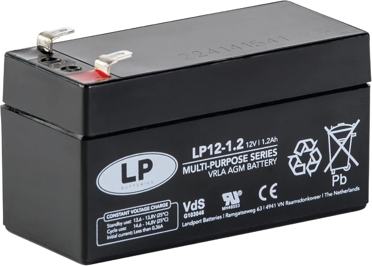 Oplaadbare Batterij - AGM Accu - Noodstroom Toepassingen - VdS Certificaat - 12V 1.2Ah - Zwart