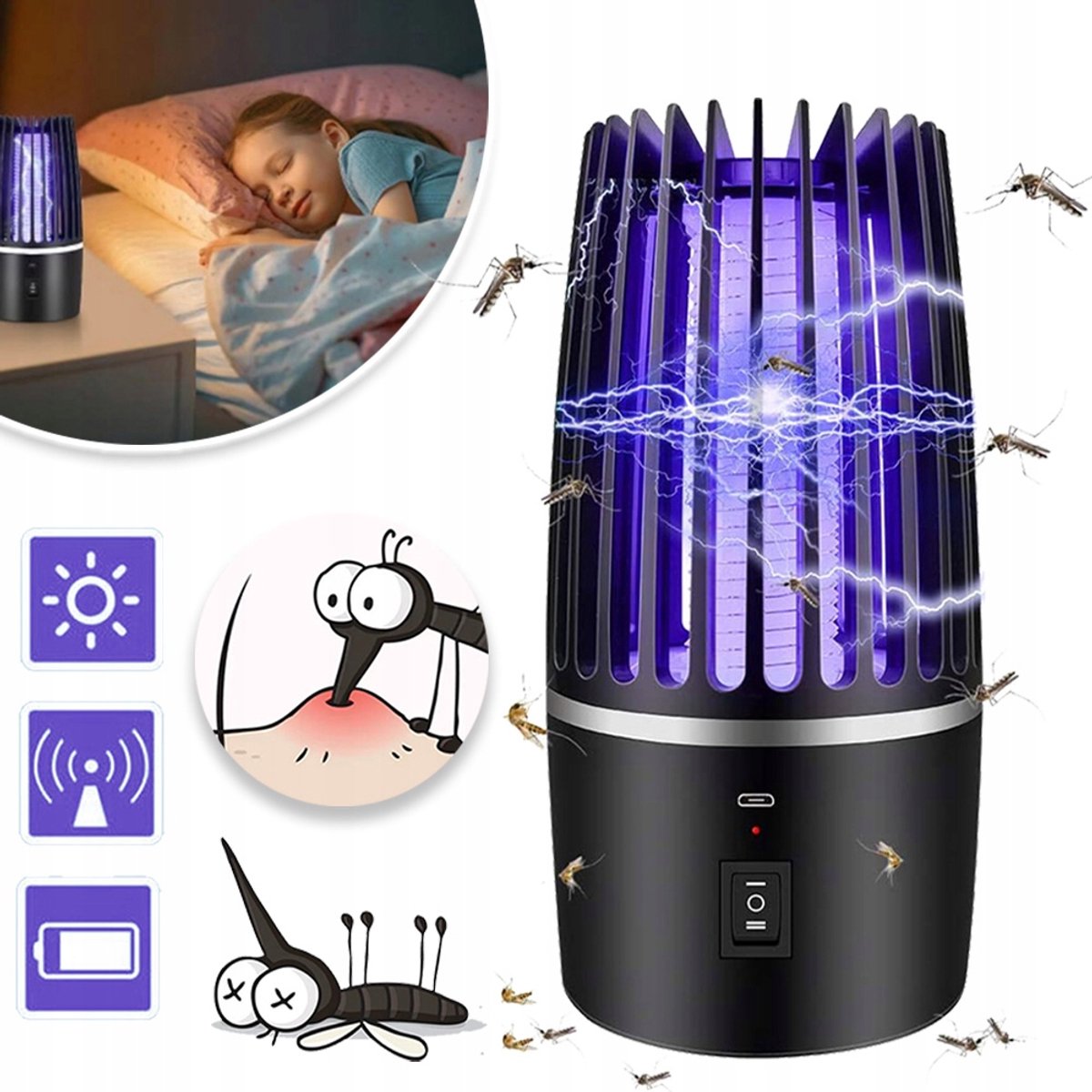 Insectenverdelger - 4000mAh Muggenlamp Met UV-Licht - Insectenval Muggenverdelger Vliegenval - Elektrische Muggenval Voor Binnen - En Buitengebruik - Tegen Muggen Vliegen En Motten
