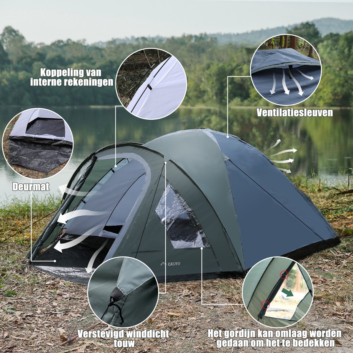 CALIYO camping tent - 3-4 Person - 310x240x130cm - Waterdicht 3000 mm - Koepeltent met verduistering - snel opzetten - voor Outdoor Kampeer – foto 3