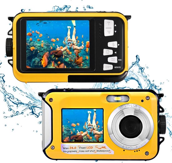 Waterdichte digitale camera, Full HD, 2,7 K, 48 MP, dubbel scherm, anti-trilling, selfie, dubbele schermen, 16 x zoom, camera voor zwemmen, vakantie (geel)