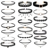 Zwarte choker ketting set dames met kanten details hartjes sterren kruisen en geometrische hangers gothic stijl hals ketting sieraden set