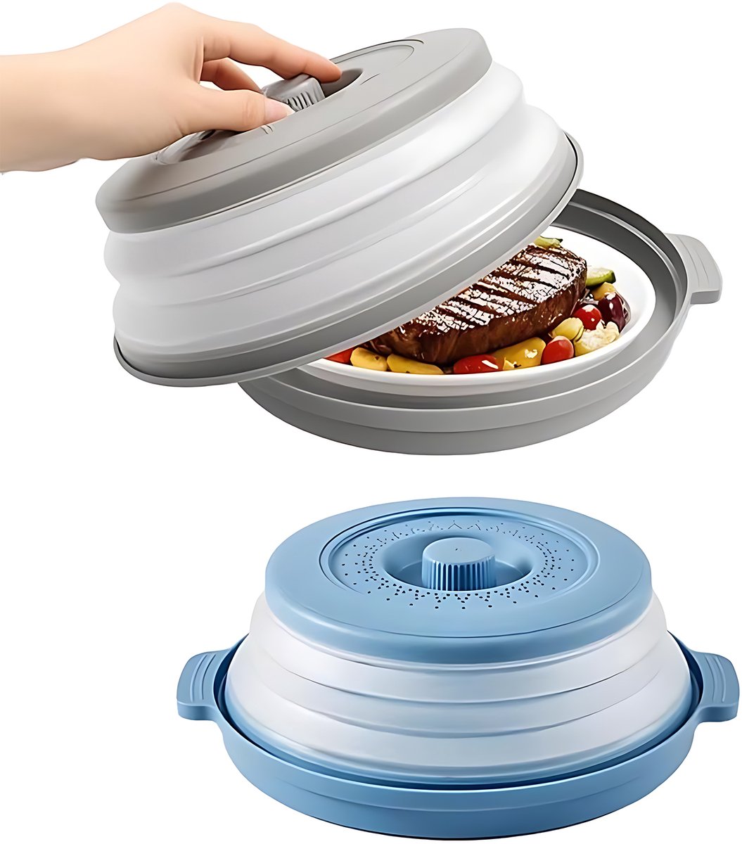 2-Pack Herbruikbare Magnetron Deksel Set Blauw + Grijs - Siliconen Vershouddeksel voor Schalen Borden en Kommen - Spatdeksel voor Opwarmen en Bewaren