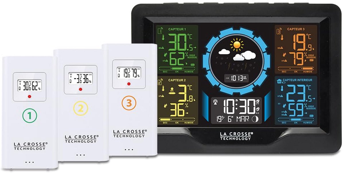 Weerstation Kleurendisplay - Weersvoorspeller Buiten - Weersvoorspelling Thuis - Drie Externe Sensoren - 17 cm Breed - Zwart