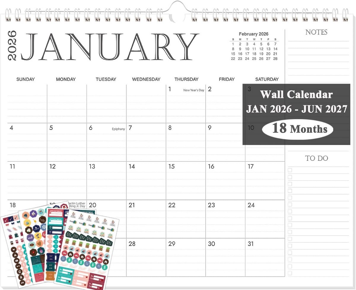 Wandkalender 2026-2027 - Maandplanner - Tijdbeheer - Met 18 maanden - 14 x 11 inch - Zwart-wit