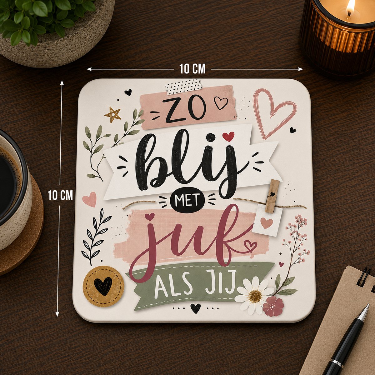 Zo Blij Met Een Juf Als Jij Onderzetter 10x10 cm – Cadeau voor Juf – Keramische Onderzetter met Bloemen Design