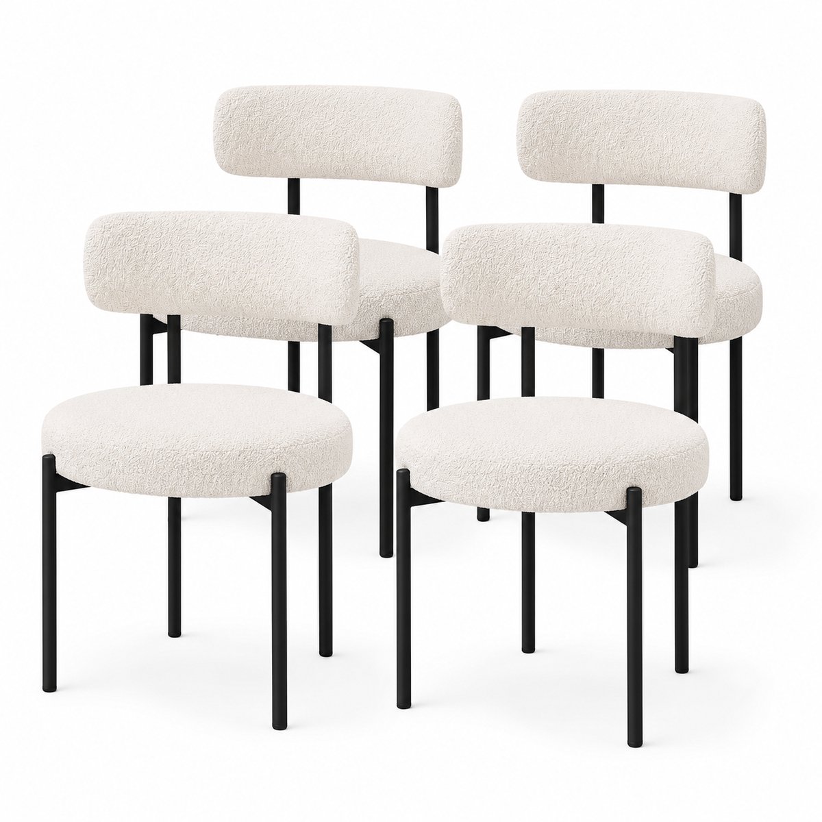 CINK Living® Eetkamerstoelen Set van 4 - Japandi Stoelen met Teddy Stof - Gestoffeerde Dining Chair met Rugleuning - Zwarte Metalen Poten - Wit