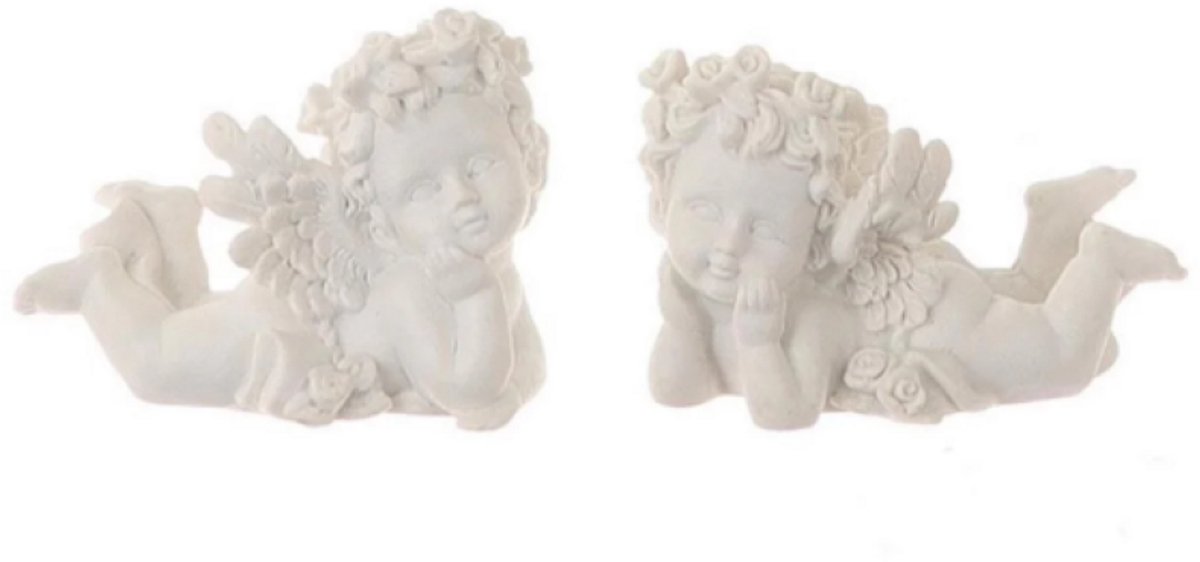 Set van 2 liggende engeltjes met rozenkroon 7x4.5x4cm elk- wit
