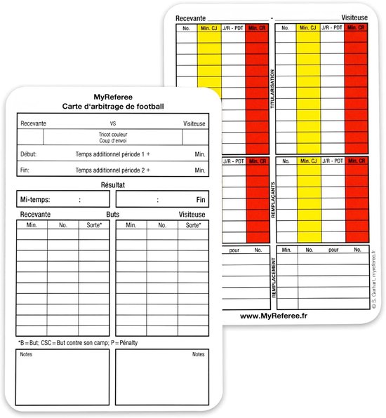 Twee scheidsrechterskaarten voor voetbalnotities, één met gedetailleerde rood-gele velden en een met een wedstrijdschema.