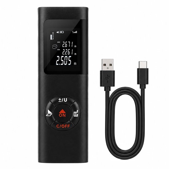 Zwarte laser afstandsmeter met USB-C kabel op een witte achtergrond.