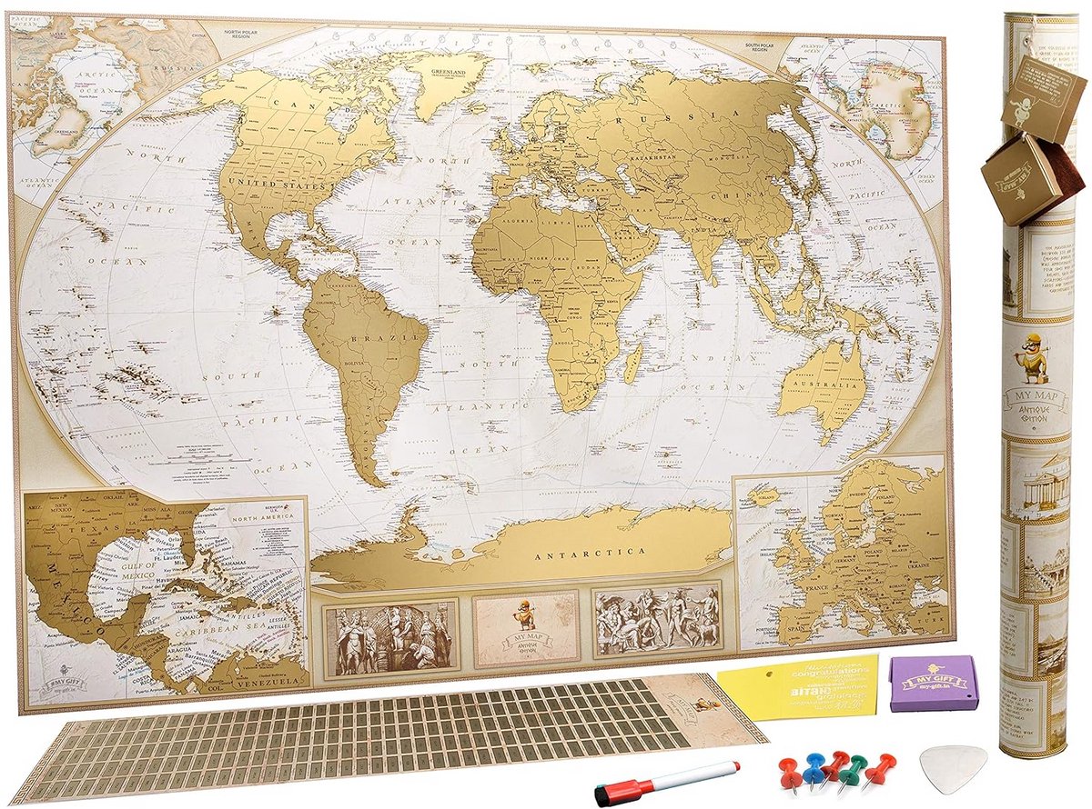 Grote Kraskaart - Wereldkaart - Reizen Markeren - 10.000 Steden - 89 x 64 cm - Goud