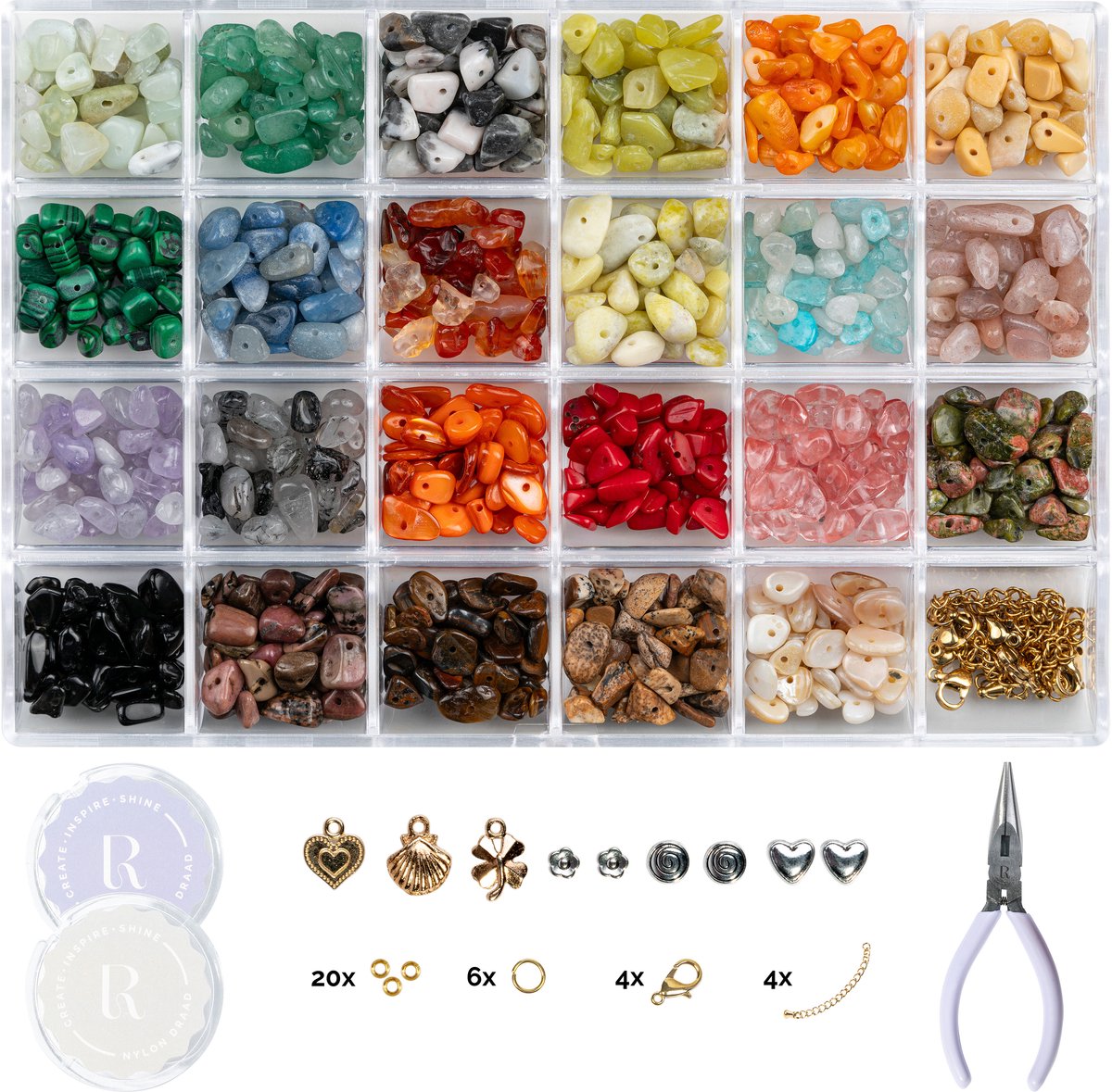 Richly® Kralen set Luxe Natuursteen - gratis E-BOOK & Instructieboekje - Complete set & Premium verpakking - 9 Bedels & Gouden RVS-accessoires - Sieraden maken volwassenen pakket - Armbandjes maken meisjes - Kralenketting