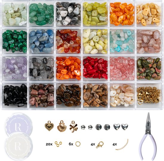 Richly® Kralen set Luxe Natuursteen - gratis E-BOOK & Instructieboekje - Complete set & Premium verpakking - 9 Bedels & Gouden RVS-accessoires - Sieraden maken volwassenen pakket - Armbandjes maken meisjes - Kralenketting