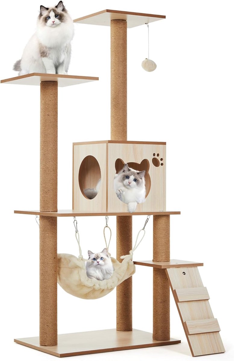 Houten Krabpaal 132 cm met Grote Hangmat – Luxe Kattenboom met Slaaphuisje, Wasbare Kussens en Stevige Sisalpalen – Compact & Stabiel Kattenmeubel – Naturel Houtlook