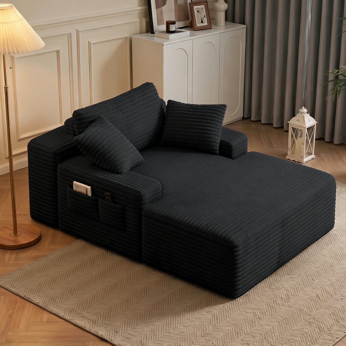 Bealife AR69 Slaapbank – Eenpersoonsbank met 3 kussens, zijopbergruimte en armleuningen – Fluweel - 150×102×61 cm – Donkergrijs