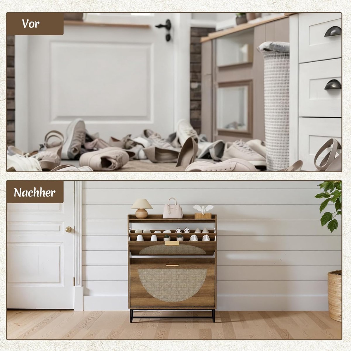 Schoenenkast Rotan met 2 Laden - Smalle Schoenenkast Hout - Schoenenopberger voor Hal, Entree en Woonkamer - 2 Deuren - Verstelbare Planken - Bruin - 80 x 24 x 101 cm - House&Garden