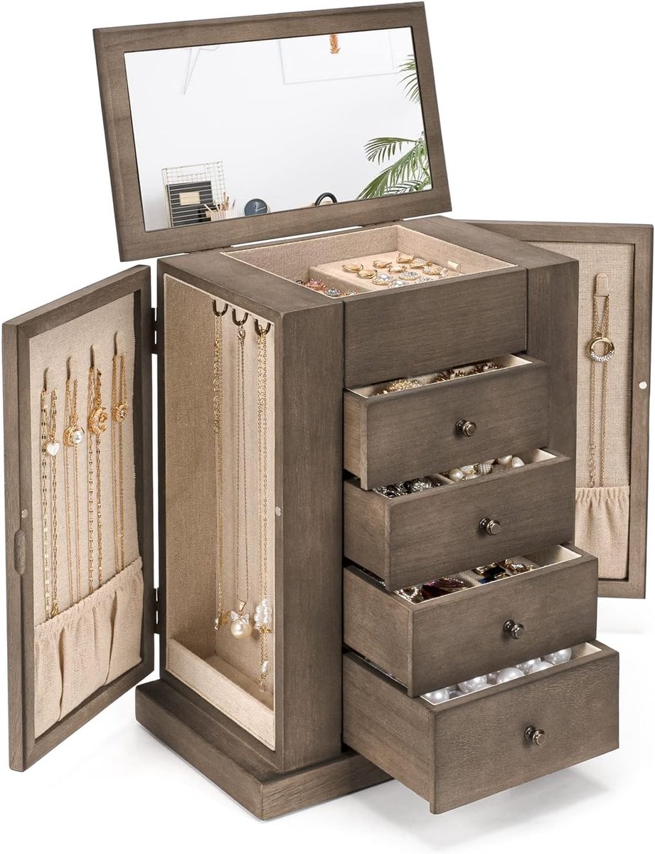 Sieradendoos Hout - Juwelen Organizer - Sieraden Opbergen - Met Ingebouwde Spiegel - 328 cm Breed - Rustiek Bruin