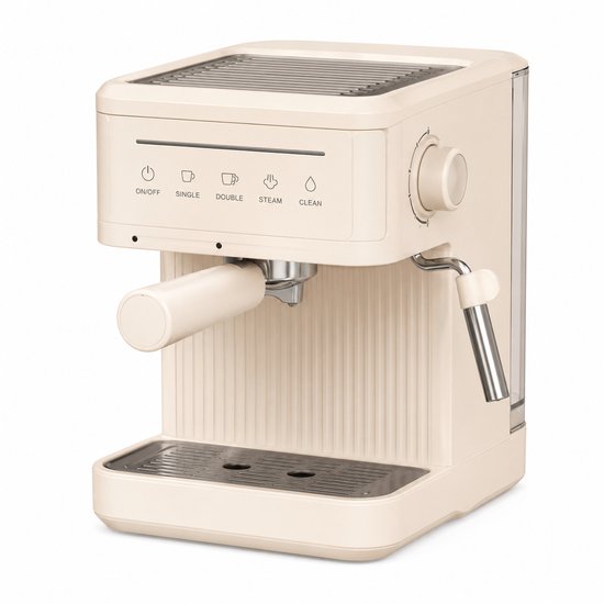 Beige espressomachine met een verticale ribbelafwerking, met bedieningspaneel en uitloop.