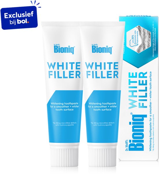 Twee tubes en een doosje Bioniq White Filler whitening tandpasta. Blauwe en witte verpakking met tekst 'WHITE FILLER'.