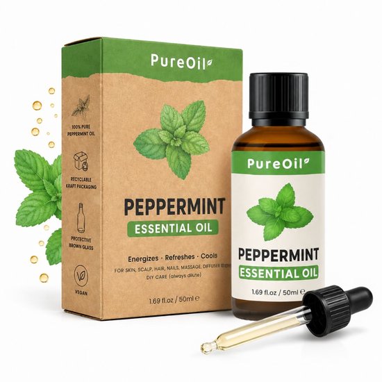 Boîte et flacon d'huile de menthe poivrée PureOil avec compte-gouttes. La boîte affiche la marque, le produit et des feuilles. Des gouttes d'huile flottent autour.