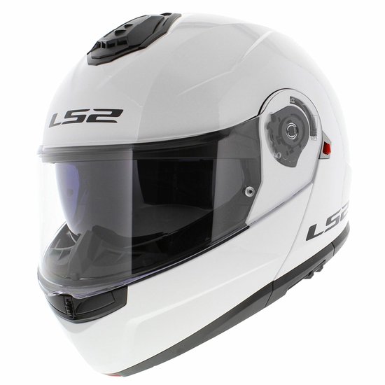 Casque modulable blanc LS2, vue de côté. Visière teintée, logos LS2 noirs.