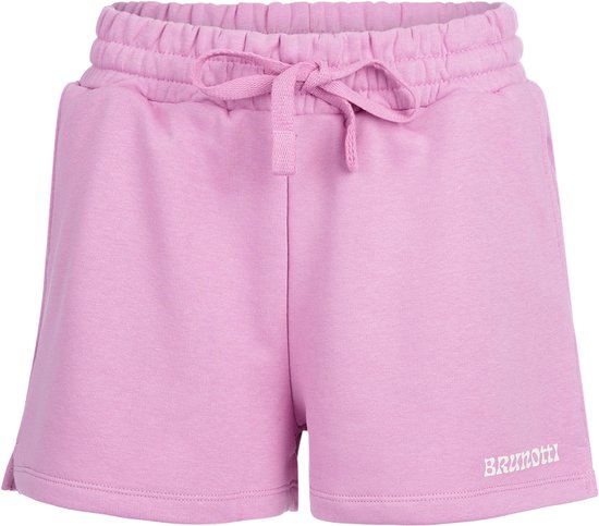 Paarse sweatshort met trekkoord, merknaam 'BRUNOTTI' in wit op de linkerpijp.