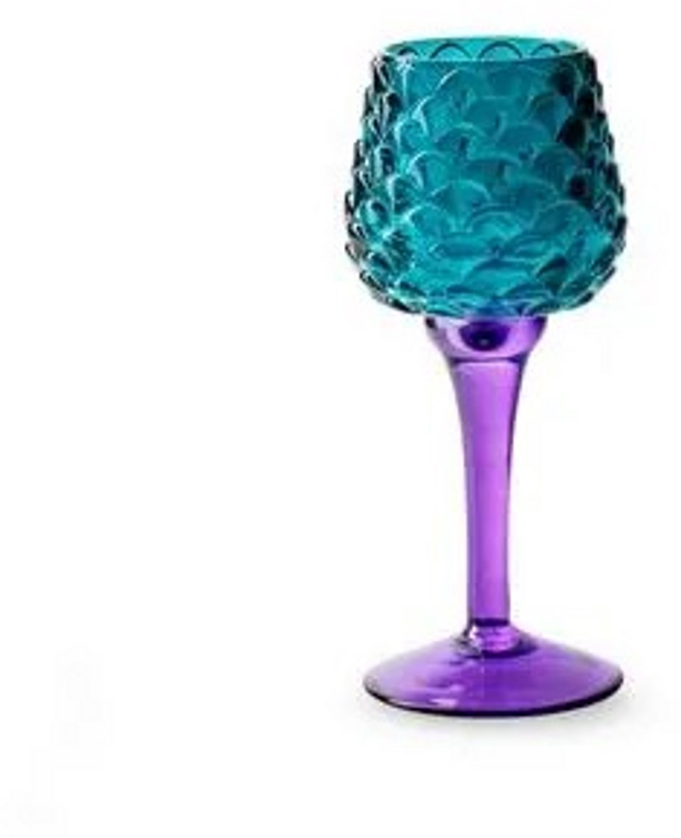 Jodeco Glass Theelichthouder op voet 'pinecone' petrol blauw paars h19 d8 cm blauw/paars