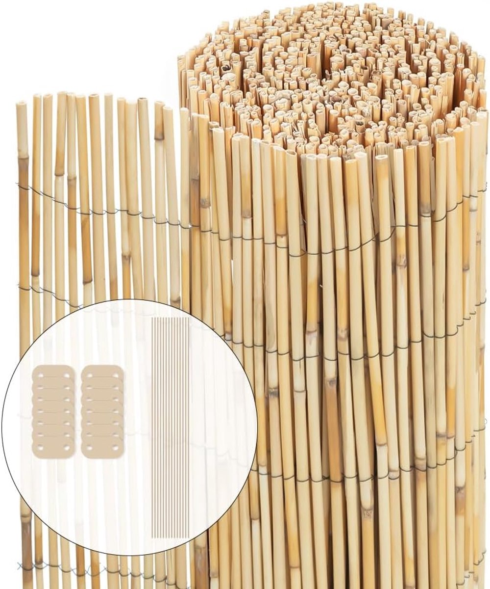 Natuurlijk rietscherm 100 x 600 cm - Inkijkbescherming van rollen met bevestigingsclips - Bescherming tegen inkijk - Omheining voor buiten decoratief voor tuin, terras en balkon