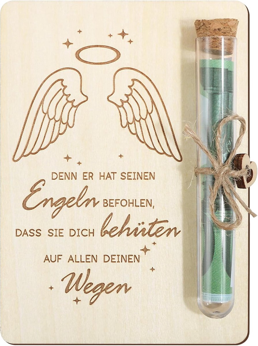 Geldgeschenk Verpakking - Houten Buis - Bijzondere Cadeaus - Met Beschermengel - 12.5 x 9 cm - Houtkleur