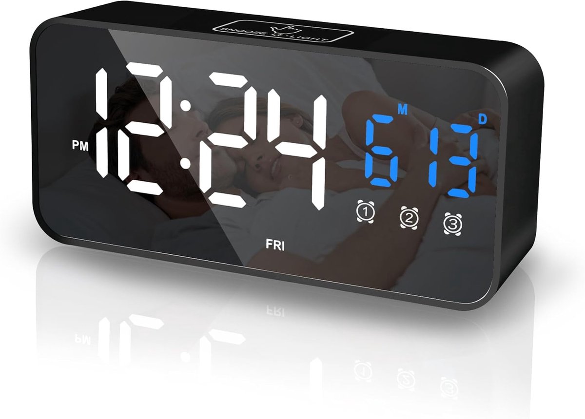 Digitale Wekker - LED Klok - Wakker Worden - Groot Spiegeldisplay - 13.9 cm - Zwart