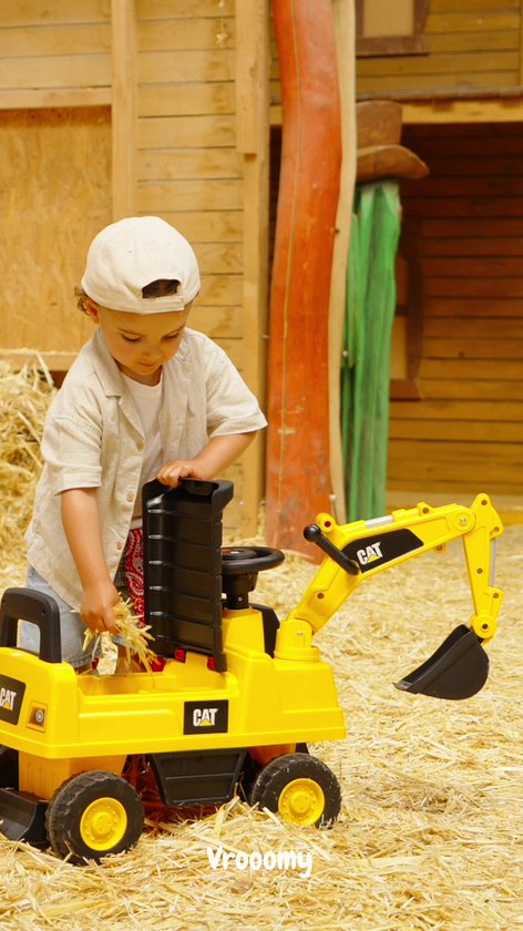 CAT Graafmachine Loopauto 1 tot 3 jaar – Officieel Gelicentieerde Loopauto met Werkende Graafarm, Toeter & Opbergvak – Buitenspeelgoed Peuter met Blokstandaard & Cadeaubox – Geel