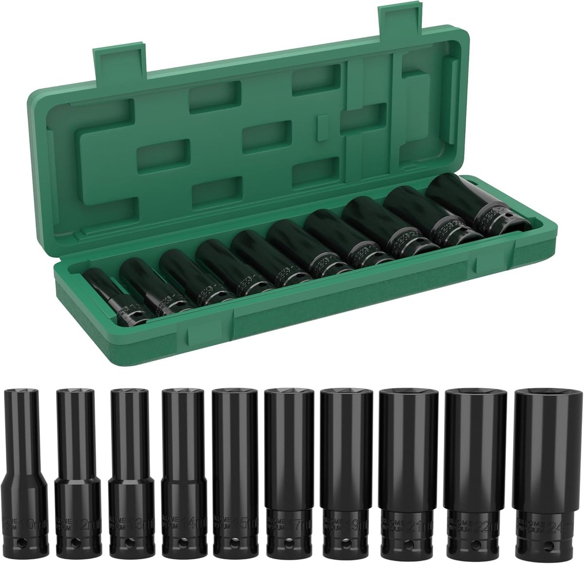 Slagmoersleutelset - Doppenset - Autoreparaties - Versterkt 6-punts design - 10-delig 1/2 inch - Zwart