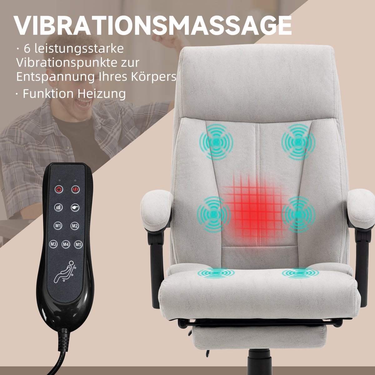MIVRAY Bureaustoel Met Massagefunctie En Lendenverwarming - Ergonomische Relaxstoel Voor Bureau En Thuiswerk - Lichtgrijs - Polyester – foto 5