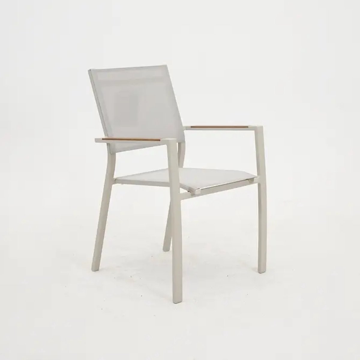 VITA - Stapelstoel Games - Cream - Tuinstoel - Polywood armleuning - Teaklook - Textielene zitting en rug - Aluminium onderstel - Dubbel gepoedercoat - Handvat achterzijde - Vita tuinmeubelen