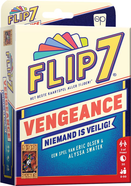 Doos van het kaartspel 'Flip 7 Vengeance' met tekst en speelafbeeldingen.