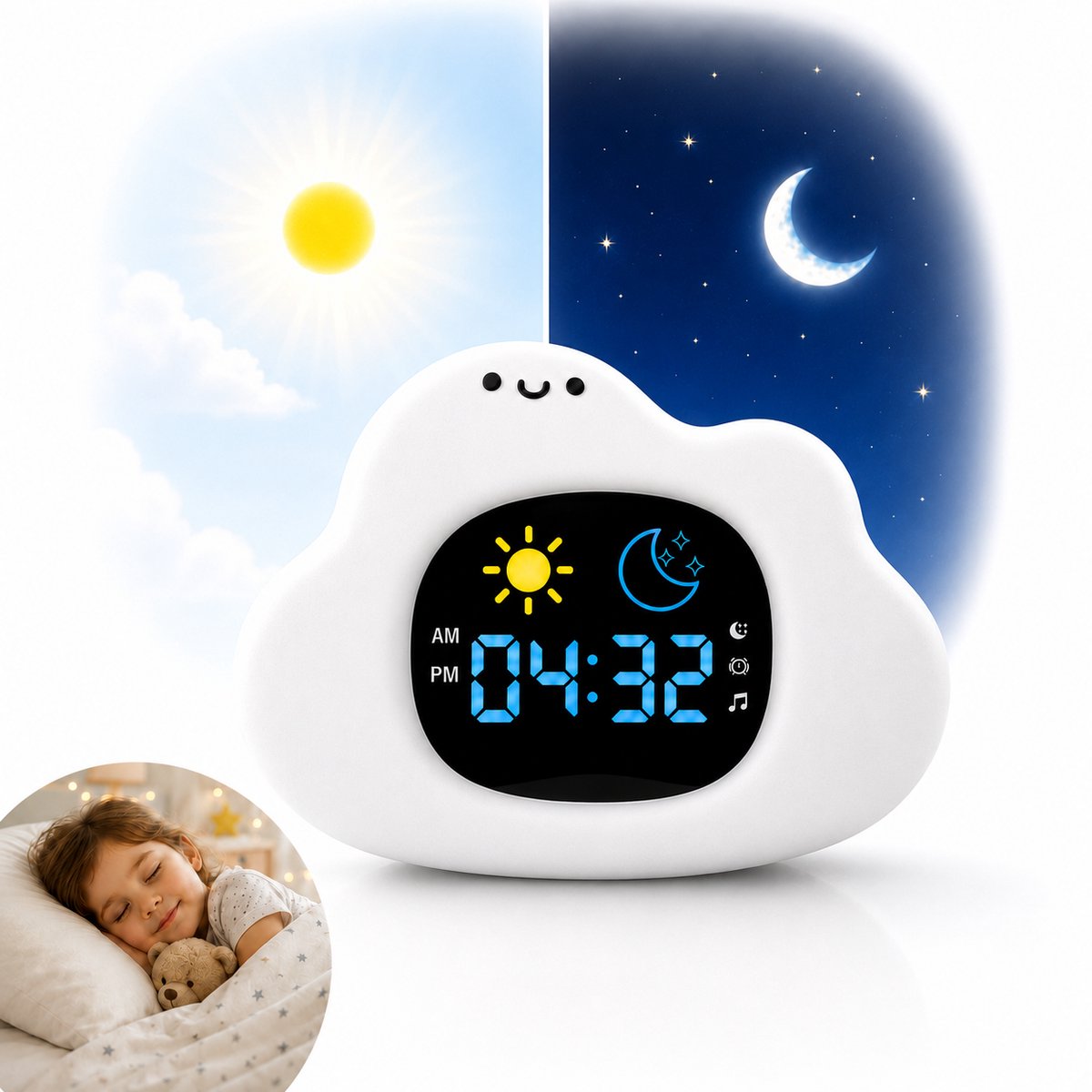 Caryota Slaaptrainer Wolk - Kinderwekker en Nachtlampje - Digitale Alarmklok - Nachthulp voor Kinderen - Dimbaar - 9 Kleuren - Oplaadbaar via USB-C
