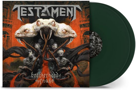 Groen vinyl met de 'Brotherhood of the Snake' hoes van Testament, met een slangenkop en geblinddoekte figuren.