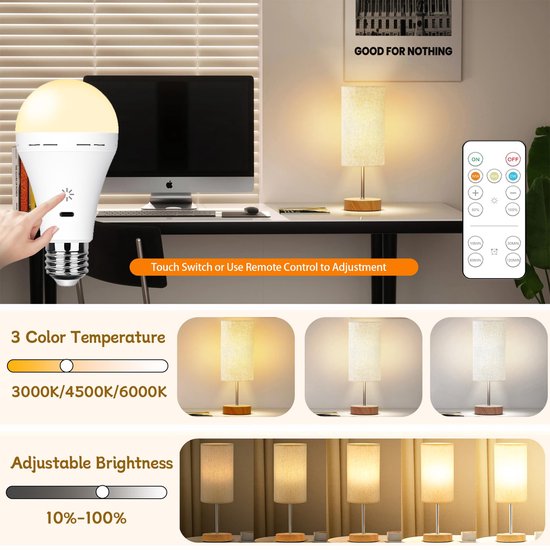 Oplaadbare lamp met afstandsbediening 2 stuks - 3W E27 dimbare 3 kleurtemperaturen - Noodverlichting tot 35 uur - Draadloze lamp voor in uw lamp of op de camping — afbeelding 3