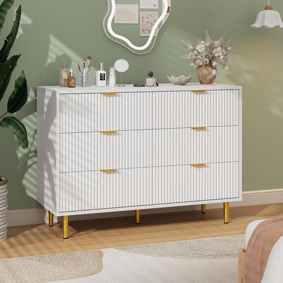 Moderne Ladekast met 6 Laden - Commode met Golvend Front & Gouden Details - Smalle Opbergkast voor Slaapkamer of Woonkamer - 100x75x40 cm - Warm Wit