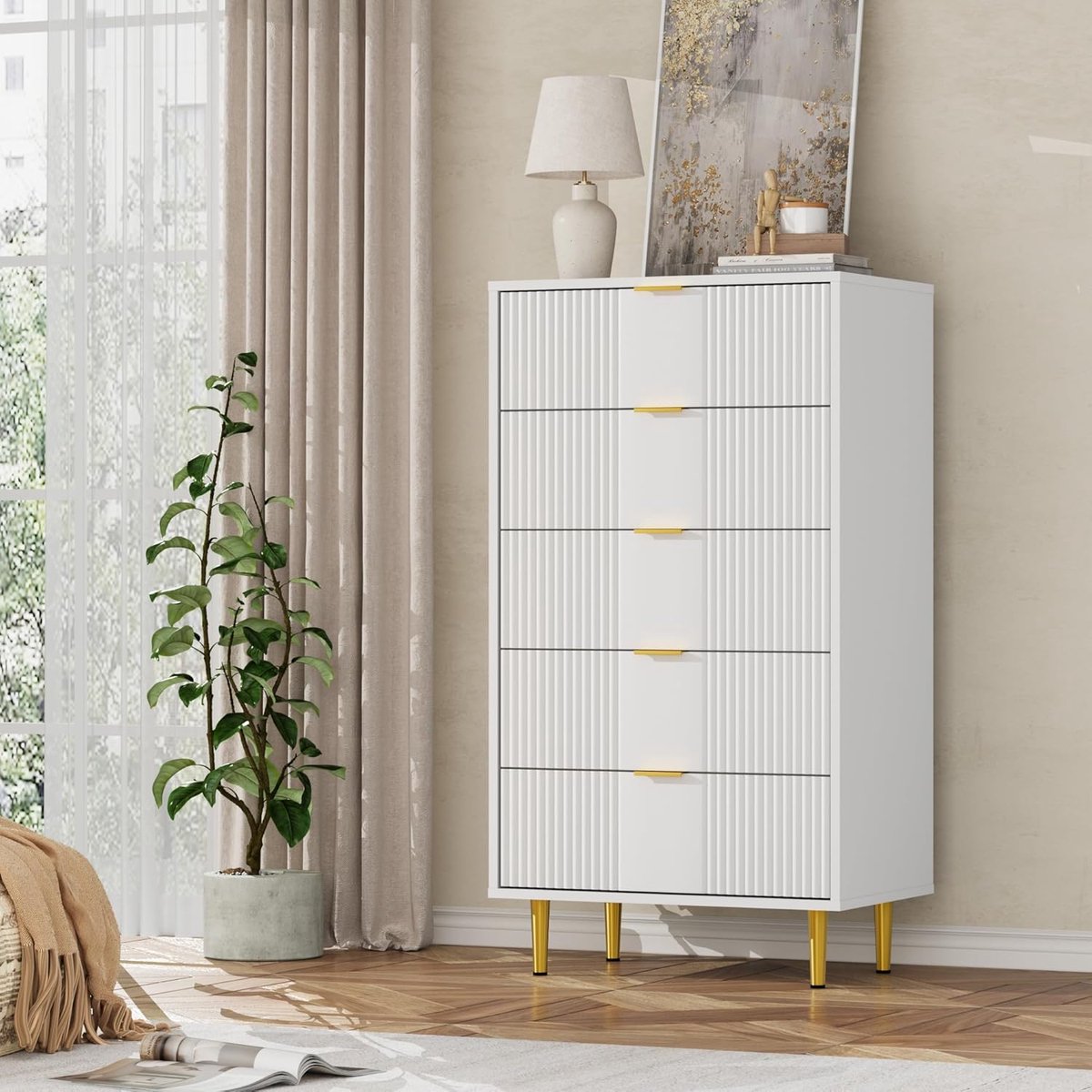 Moderne Ladekast met 5 Laden - Commode van MDF Eikenlook met Metalen Handgrepen - Opbergkast voor Slaapkamer, Woonkamer en Kantoor - 112 x 41 x 60 cm - wit