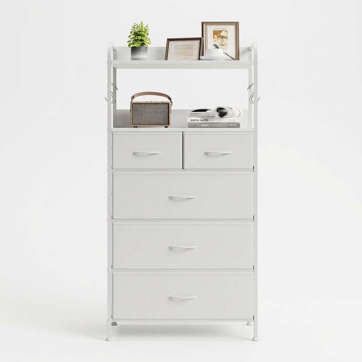 Hoge Ladekast met 5 Stoffen Laden en Open Planken - Commode met 4 Haken - Opbergkast voor Slaapkamer en Woonkamer - 60 x 30 x 120 cm
