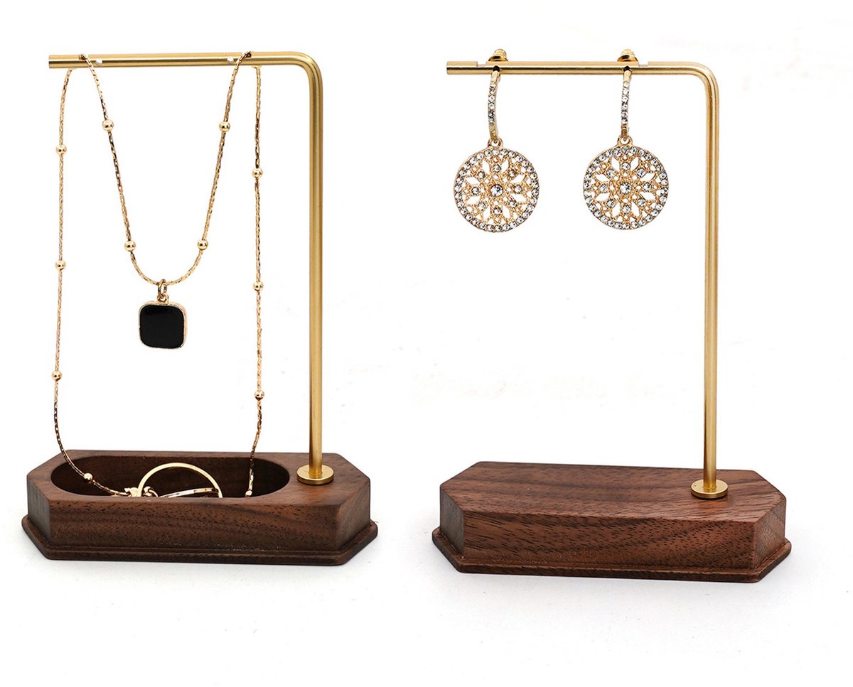 MAGICSHE 2 Stuks L-Vormige Sieradenstandaard, Sieradenhouder, Juwelenhouder - Metalen Frame Met Houten Basis Voor Kettingen, Armbanden, Oorbellen En Ringen Model A