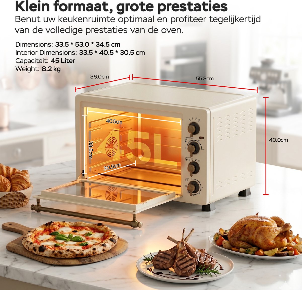 TurboTronic R45 Vrijstaande Oven – Retro Stijl – 45 Liter Mini Oven – 2000W – Inclusief Draaispit en Bakplaten – Beige – foto 2