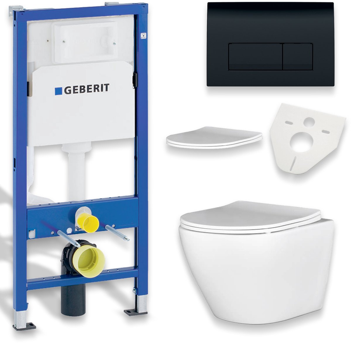 Badland Desna toiletset - wandtoilet met Duofix inbouwreservoir en bedieningsplaat zwart - wit