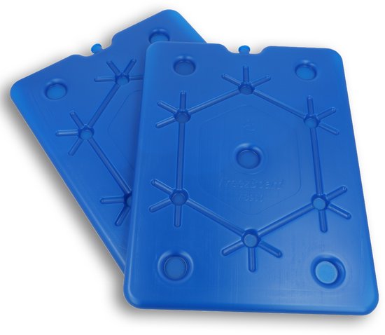 Twee blauwe platte koelelementen op elkaar, met hexagonale structuur en 6 ster-achtige uitsteeksels.